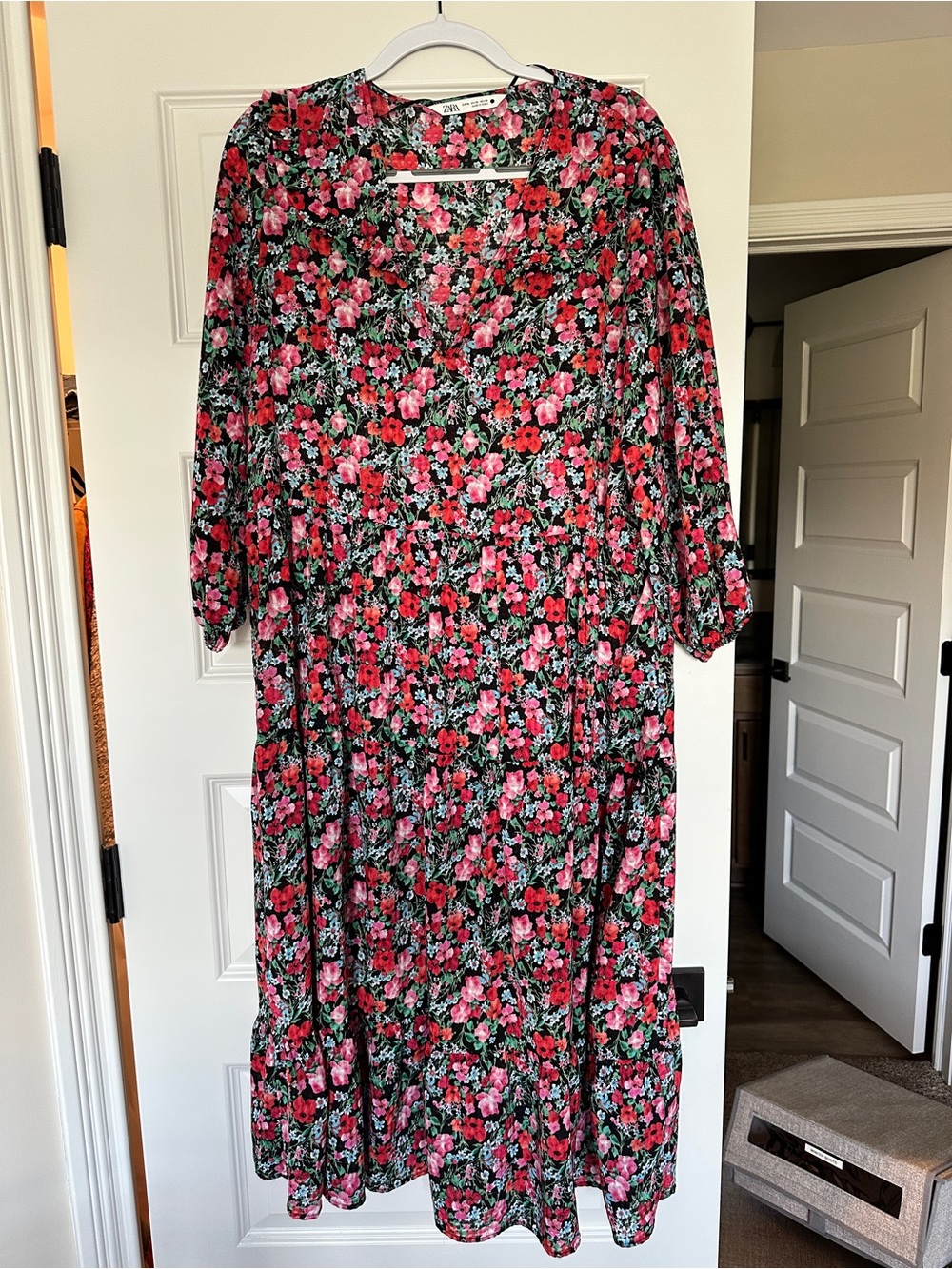 Zara Black Maxi Dress with Pink Floral Print